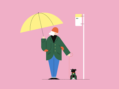 Vectober 27 - Coat bus stop coat dog flat illustration inktober rain texture umbrella vectober