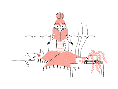 Winter Reads cozy dog flat illustration line art reading relax tea texture woman