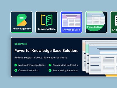Different logo and Banners were designed for BasePress conversion design documentation figma knowledge base ui wordpress