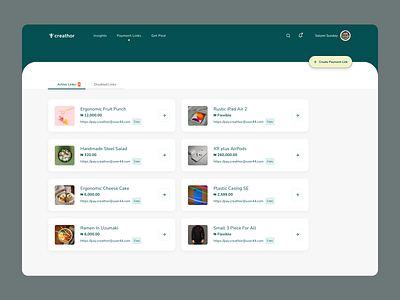 Creathor dashboard green payment links