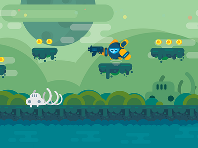 Sci-fi shooting game in flat illustration.