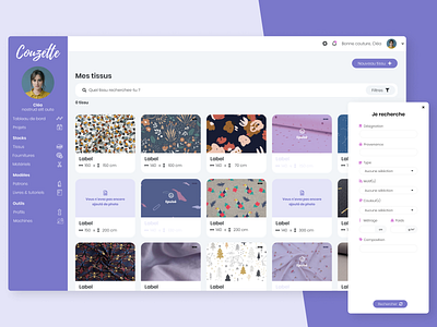 Sewing app design ✂️ app desktop fabrics filters purple stock ui design