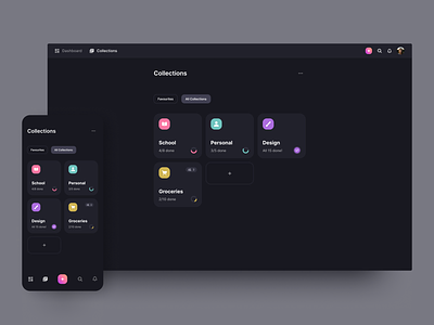 Collections app application collections concept dark dashboard design folders management manager page projects task tasks todo ui ux web web design website