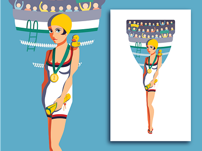Retro swimming champion champion duck flat flat design flat illustration girl lady medal retro swimming swimming pool