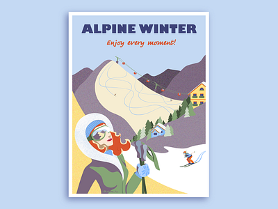 Alpine Winter Poster flat flat design girl illustration mountains poster ski ski resort skier sport winter winter sports woman