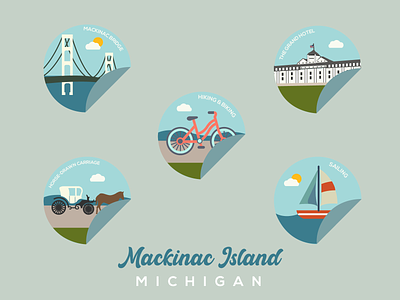 Mackinac Island Sticker Set | Dribbble Weekly Warm-Up biking branding bridge design dribbbleweeklywarmup grand hotel hiking horse-drawn carriage logo mackinac mackinac island michigan sailing sticker set stickers travel