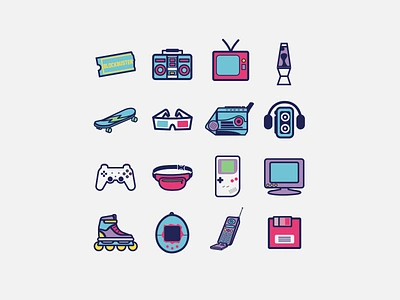 90s Icon Set | Dribbble Weekly Warm-Up 90s blockbuster boombox computer decade dribbbleweeklywarmup fanny pack floppy disk gameboy icon set icons lava lamp nostalgia playstation rollerblades skateboard talkboy tamagotchi tv walkman