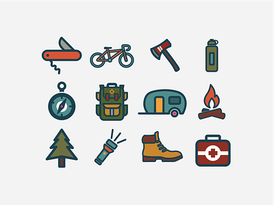 Camping Gear Icon Set | Dribbble Weekly Warm-Up axe backpack boot camper camping compass design dribbbleweeklywarmup fire flashlight icon icons knife outdoors set vector