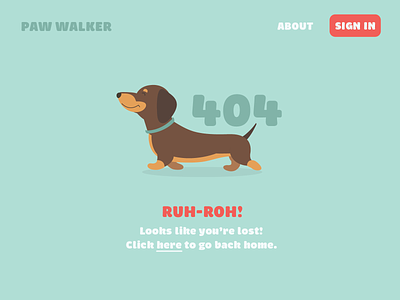 404 Page Dog-Walking App | Dribbble Weekly Warm-Up 404 404 page app branding dachshund design dog dog-walking dribbbleweeklywarmup logo ui vector website
