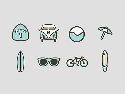 West Coast Icons beach bicycle california icon set icons longboard ocean pacific coast highway sand sun surf volkswagen van waves west coast