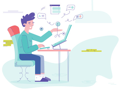 Working from Home 2d character character design editorial illustration flat guy home illustration illustrator laptop man remote stay home team ui ux vector work workspace zoom