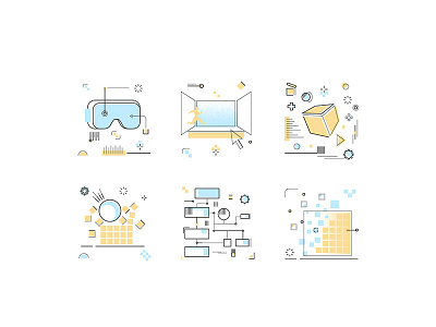 "Icons" - VR-AR, Simulation, Projects, Procedural etc coding developer icons illustrations illustrator network physics procedural simulation ux virtual reality website