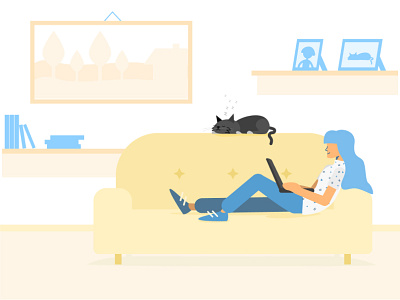 Home and Chill - Illustration animation app cat chill couch design girl icons illustration illustrations laptop livingroom minimal room simple ui ux vector website woman