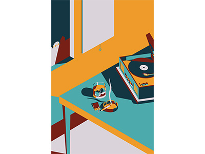 "Bad Habits" cocktail conceptual conceptual illustration digital illustration illustration interior limited color palette mid centry record player still life vector vinyl