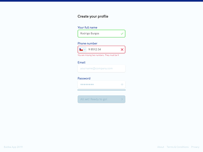 Create your profile checkin flat focus form form states log in login form minimalist profile register register form simple states submit ui ux validation