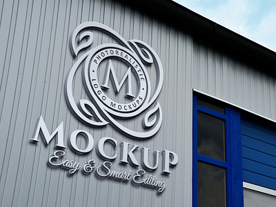 3d metallic logo mockup on factory facade wall