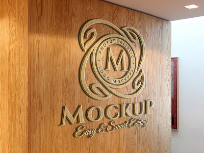 Logo mockup 3D wooden sign on office wall