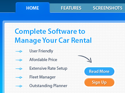 Car Rental blue read more button sign up button tabs