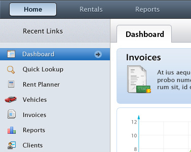 Car Rental App app left menu links mac navigation tab