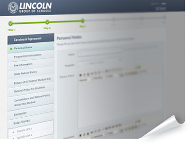 Enrolment Agreement - Full View curl enrolment agreement form form steps group of schools lincoln menu page curl personal information progress steps progress trackers sub menu ui ux