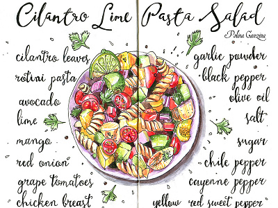 Cilanrto Lime Pasta Salad ingridients at sketchbook avocado calligraphy drawing food handwritten ingridient lettering lime recipe sketch sketchbook watercolor