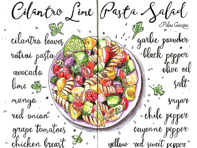 Cilanrto Lime Pasta Salad ingridients at sketchbook