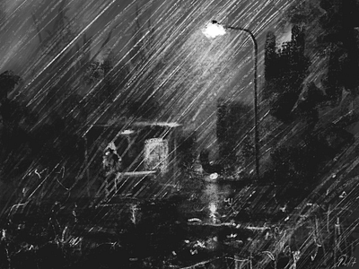 Waiting for a Bus chalk charcoal dark illustration noir painting sketch