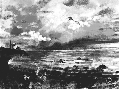 Flying a Kite black and white cartoon illustration landscape painting sketch