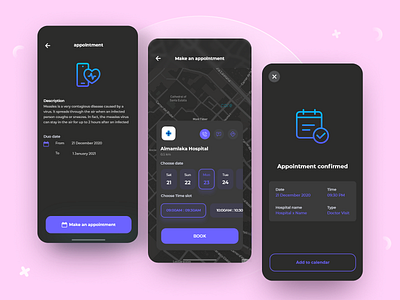 Doctor Appointment Booking App application appointment appointment booking book clear dark mode dark theme dark ui design doctor interaction ios medical ui ux