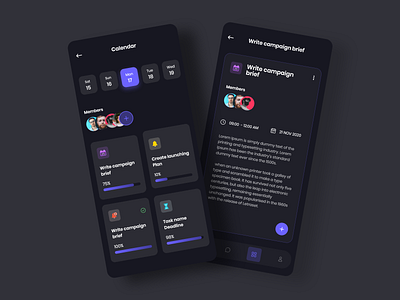 Task Management Mobile App application clear dark mode dark theme dark ui design task task management task manager ui ux xd