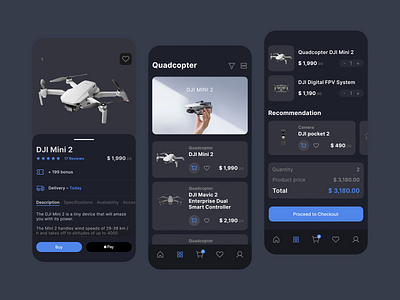 eCommerce App - Dark Theme dark theme dark ui ecommerce app minimal mobile mobile app quadrocopter shop ui design