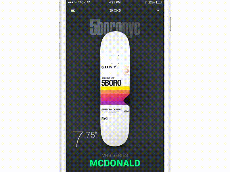 Skateboarding iPhone App - Prototype app framer js framerjs gif iphone iphone 6 prototype shopping skateboard