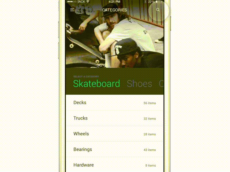 Skateboarding iPhone App - Prototype app framer framer js framerjs iphone iphone 6 prototype shopping skateboard