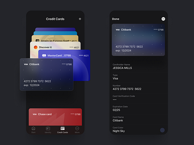 Credit Cards Safe Vault android app card credit card creditcard dark dark theme ios mobile product product design ui ux