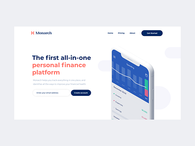 Monarch redesign app clean design finance finance app first landing landing page mobile mobile app startup ui