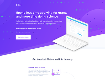 Halo project blue branding design green hero section home page how it works illustration mobile platform purple science testimonial typography ui ux vector