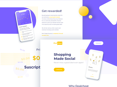 Dealcheat android application branding deals design find deals home page illustration ios labor day logo mobile purple react native typography ui ux vector website yellow