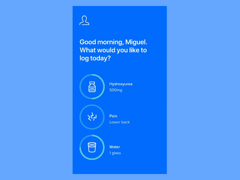 Medication tracker concept blue effortless flinto health healthcare medical medicine pain prototype sickle cell simple ui design