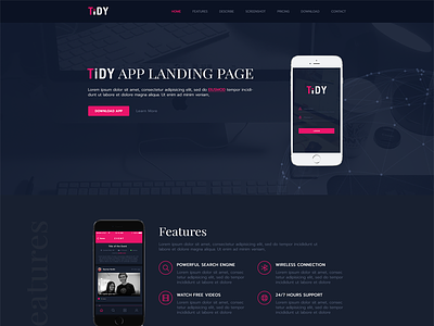 Tidy - Mobile App Landing Page app landing dark dark blue landing page mobile app landing page pink ui design web design web page website