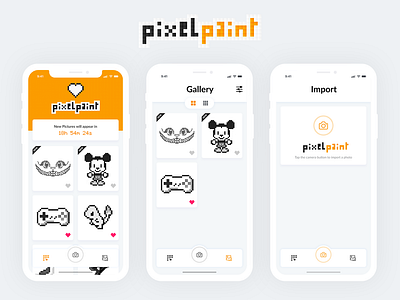 PixelPaint - Gaming App UI Design for iOS app design clean daily ui game ios ui iphone x minimal mobile app paint pixel ui ui design