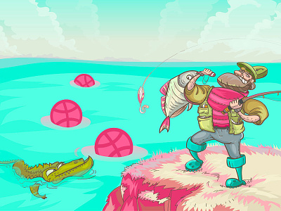Hello Dribbble! adventure cartoon characters cool crocodile cute debut design fish fisherman fishing personage sea