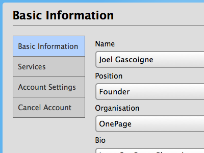 New Settings interface for OnePage