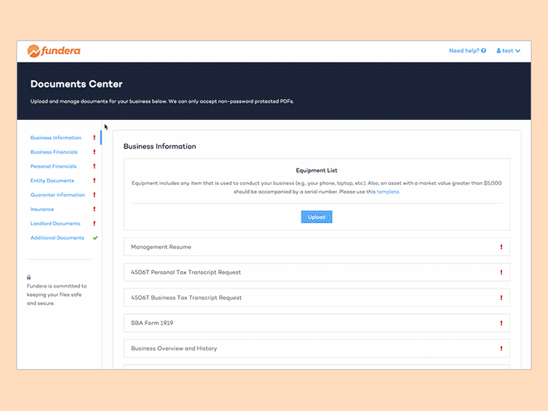 Fundera Documents Center delete documents interaction lists modals sticknav upload