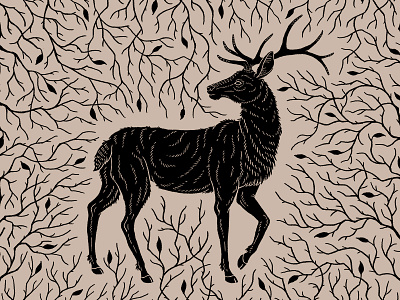 King of the Forest border design elk illustration monotone nature print printmaking relief vintage woodblock