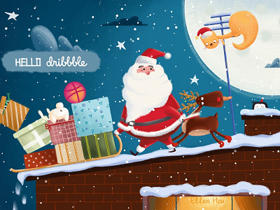 Hello, Dribbble! deer gift illustration ipad merry christmas moonlight procreate santa claus snow