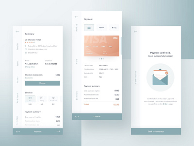 Hotel Booking App - Payment Process app booking card design hotel interface payment process reservation travel ui ux