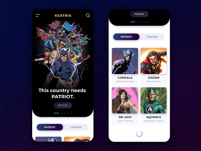 KSATRIA app design app ui bumilangit comic comicbook gundala hero heroes indonesia indonesian jawara ksatria mobile patriot superhero superheroes ui ui design ux ux design