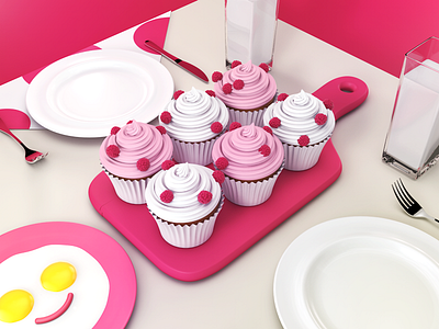 Today's breakfast 3d breakfast c4d cake cup egg fork icecream illustrator knife milk red