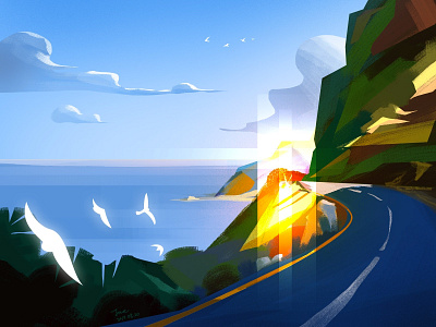 Island Ring road art artwork beauty blue color colorful design digital digital art digital painting illustration illustrator island lightning road sea sky