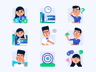 Sticker set for Manabie Prime aim books characters clock cute icons illustration manabie question mark sticker set stickers study worried